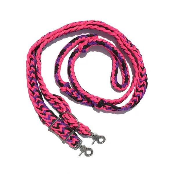 Braided Barrel / Roping Reins 8 ft with 2 Nickel Plated Scissor Snaps Multi Tone Colors: Black/Purple/Turquoise #55039
