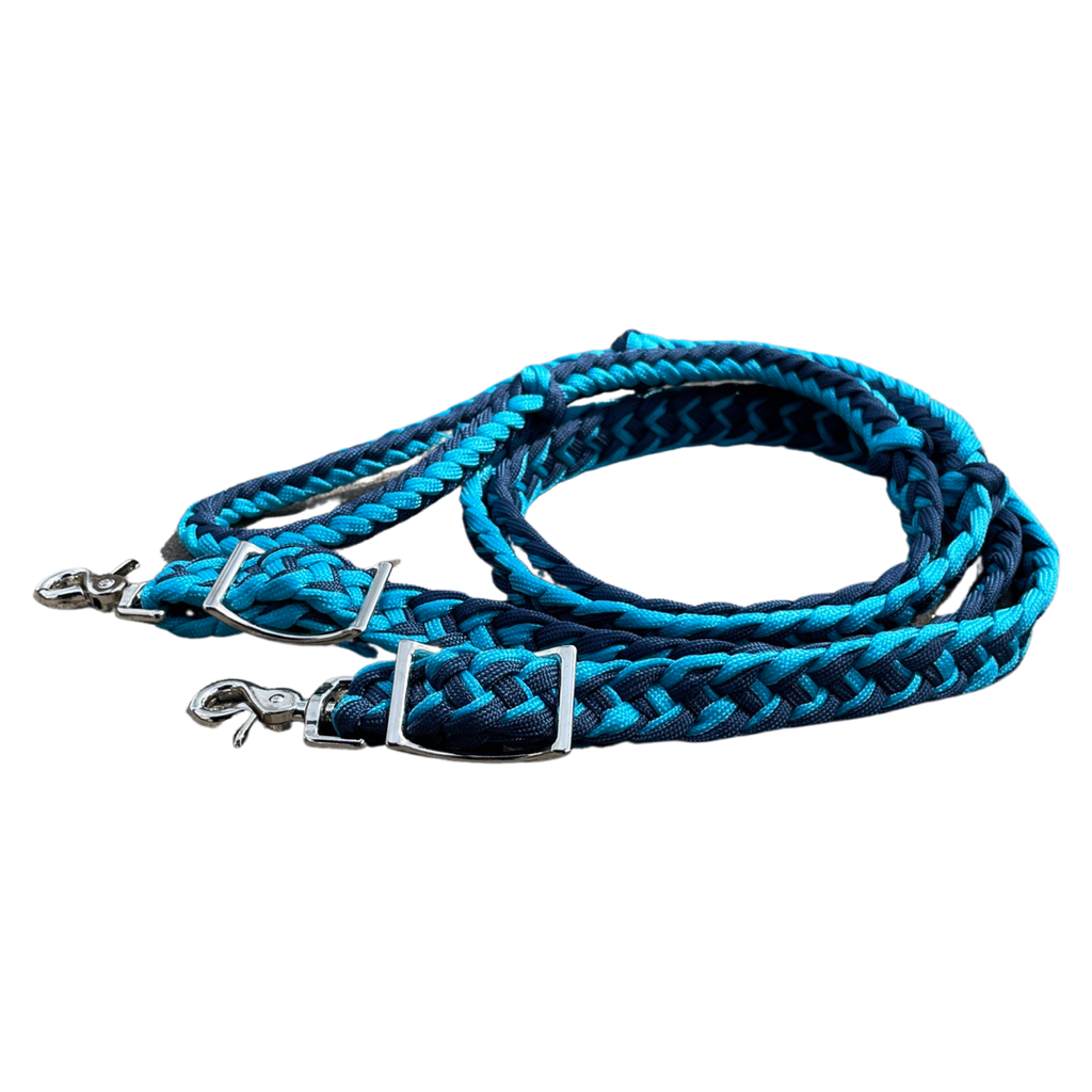 Braided Barrel / Roping Reins 8 ft with 2 Nickel Plated Scissor Snaps 2 Tone Colors: Turquoise/Blue #55009