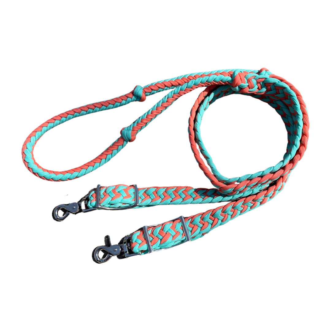 Braided Barrel / Roping Reins 8 ft with 2 Nickel Plated Scissor Snaps 2 Tone Colors: Turquoise/Blue #55009