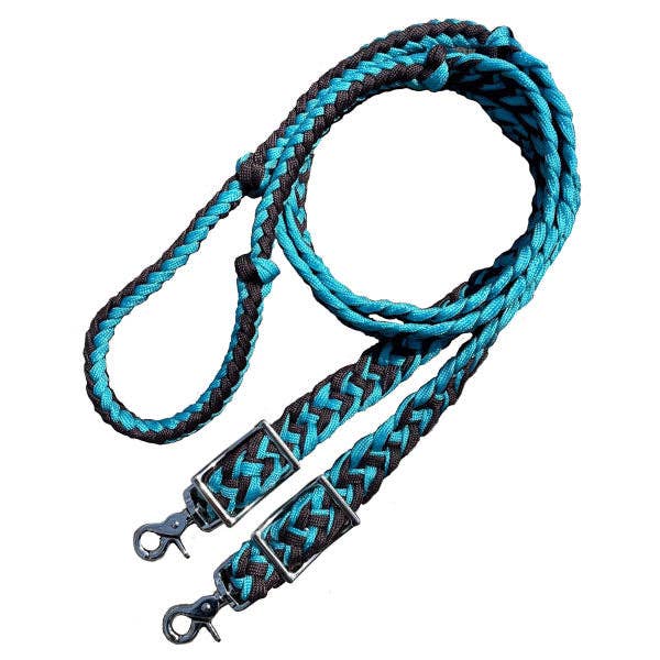 Braided Barrel / Roping Reins 8 ft with 2 Nickel Plated Scissor Snaps 2 Tone Colors: Turquoise/Blue #55009