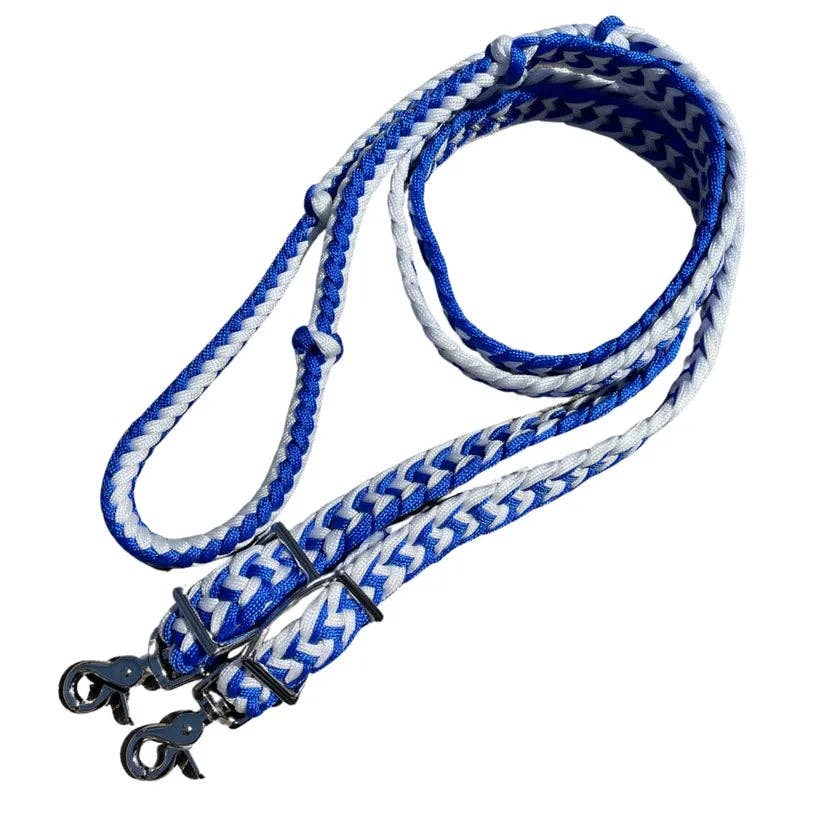 Braided Barrel / Roping Reins 8 ft with 2 Nickel Plated Scissor Snaps 2 Tone Colors: Turquoise/Blue #55009
