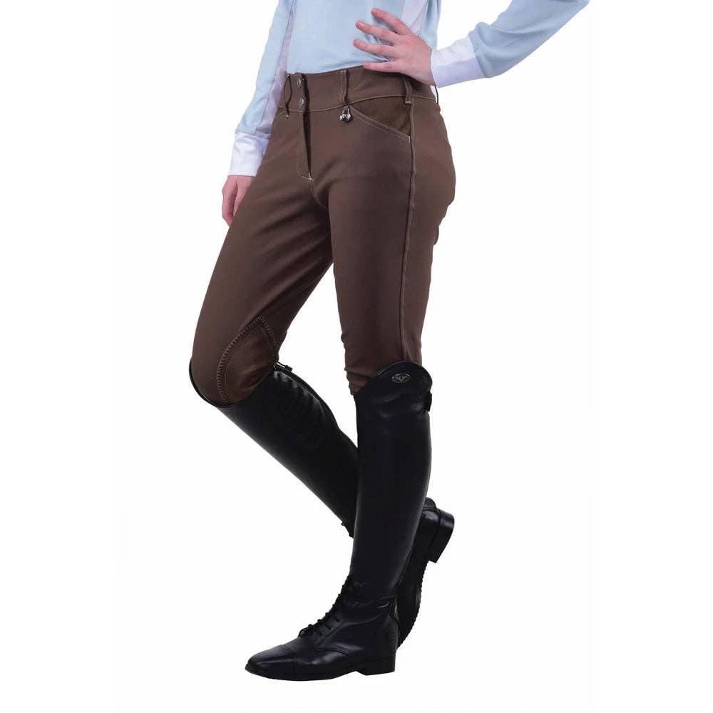 Equine Couture Ladies Sportif Natasha Knee Patch Breeches: Charcoal/White Stitching / 24