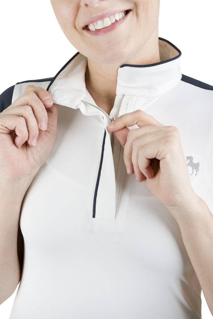 Equine Couture Ladies Magda Equicool Short Sleeve Show Shirt: White/EC Navy / M