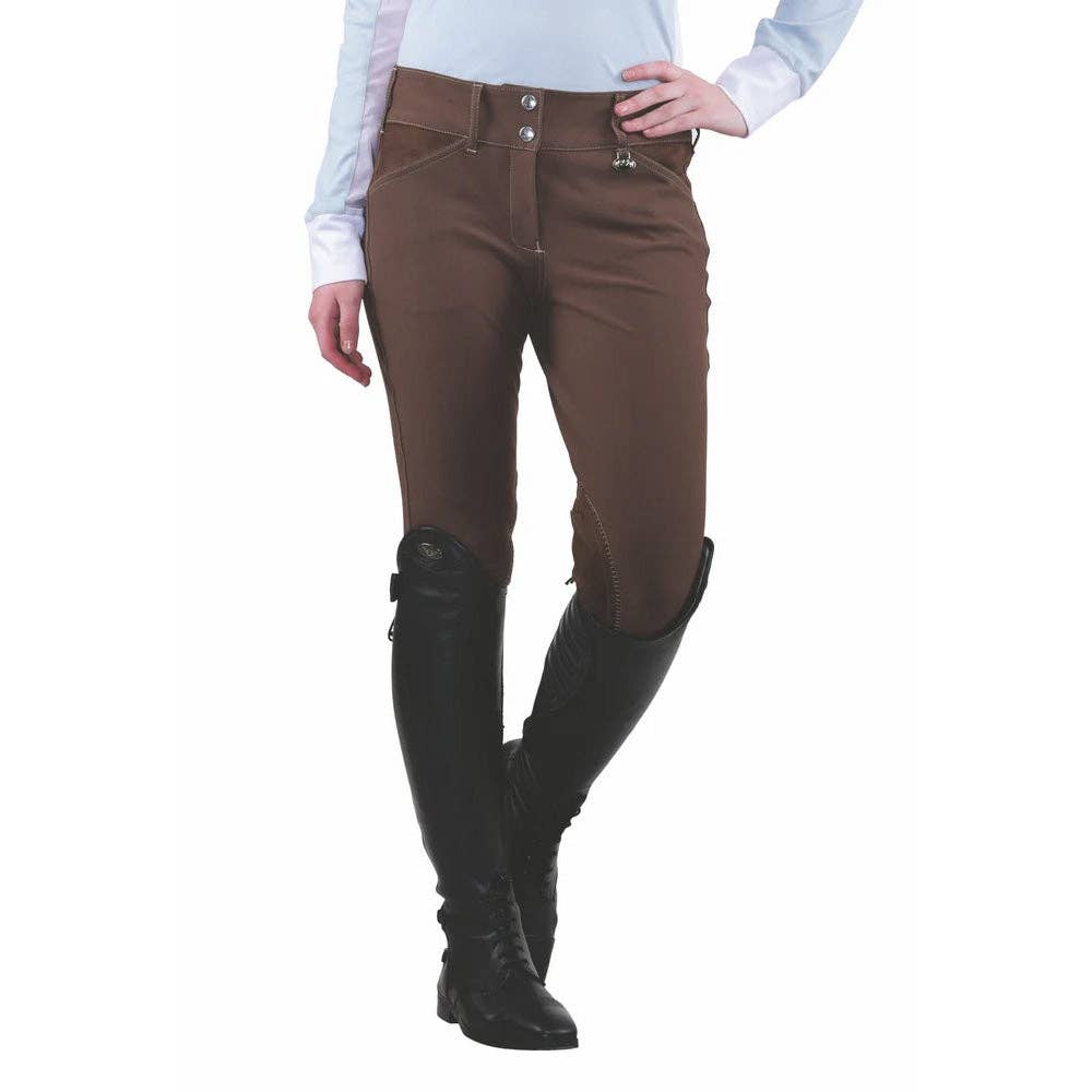 Equine Couture Ladies Sportif Natasha Knee Patch Breeches: Black/Light Tan Stitching / 26