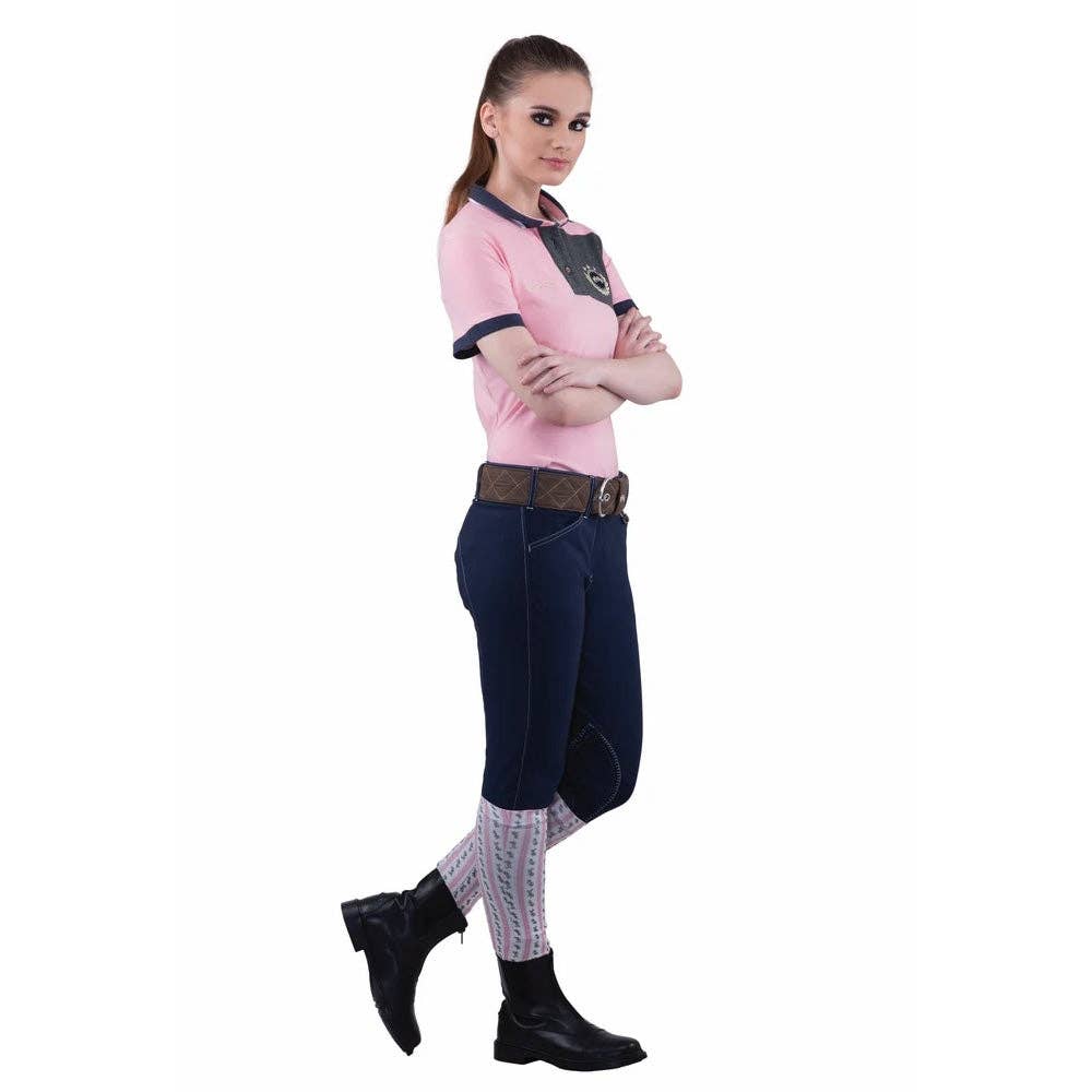 Equine Couture Ladies Sportif Natasha Knee Patch Breeches: Black/Light Tan Stitching / 24