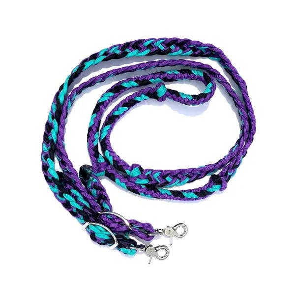 Braided Barrel / Roping Reins 8 ft with 2 Nickel Plated Scissor Snaps Multi Tone Colors: Black/Purple/Turquoise #55039