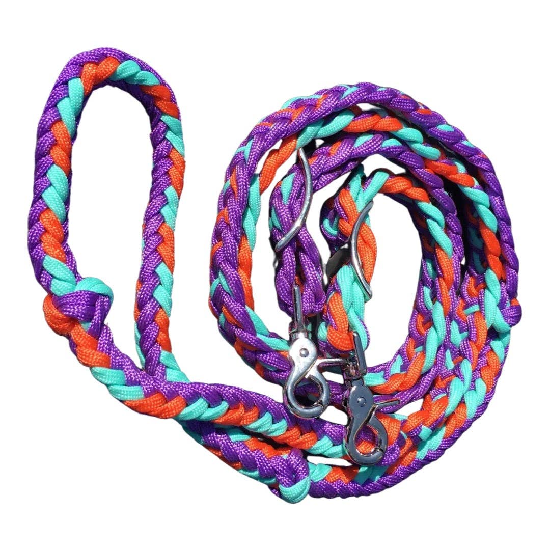 Braided Barrel / Roping Reins 8 ft with 2 Nickel Plated Scissor Snaps Multi Tone Colors: Palm/Gold Yellow/Sky Blue #55043