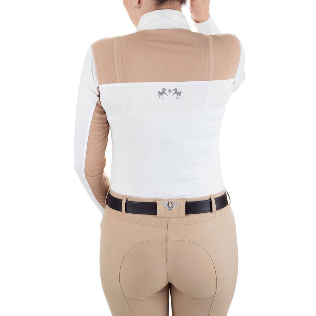 Equine Couture Ladies Nicolette Equicool Long Sleeve Show Shirt: White/Safari / M