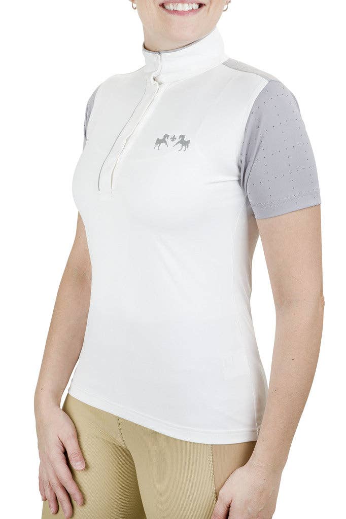 Equine Couture Ladies Magda Equicool Short Sleeve Show Shirt: White/EC Navy / M