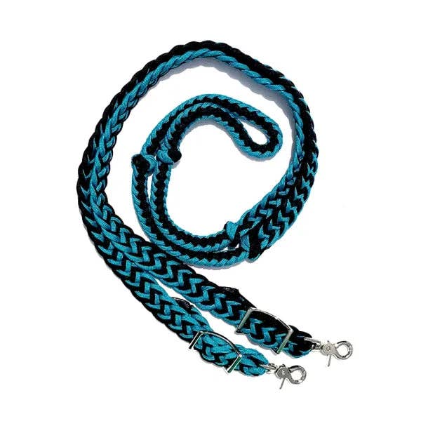 Braided Barrel / Roping Reins 8 ft with 2 Nickel Plated Scissor Snaps 2 Tone Colors: Turquoise/Blue #55009