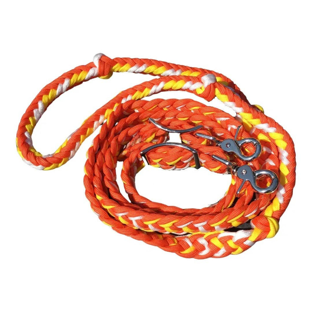 Braided Barrel / Roping Reins 8 ft with 2 Nickel Plated Scissor Snaps Multi Tone Colors: Black/Purple/Turquoise #55039