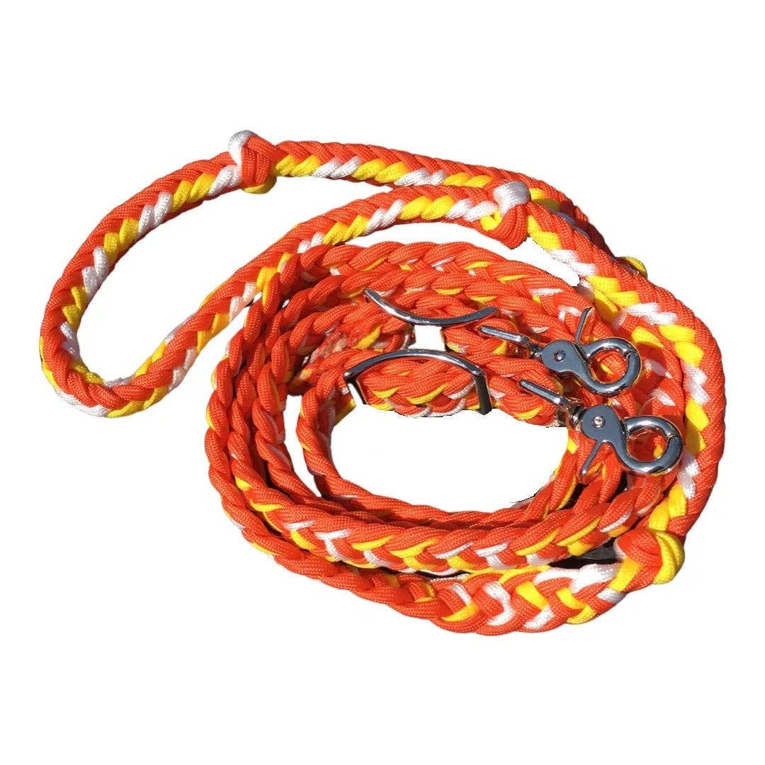 Braided Barrel / Roping Reins 8 ft with 2 Nickel Plated Scissor Snaps Multi Tone Colors: Black/Purple/Turquoise #55039