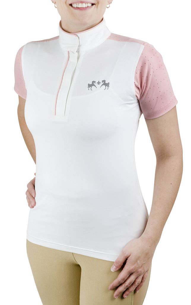 Equine Couture Ladies Magda Equicool Short Sleeve Show Shirt: White/EC Navy / M