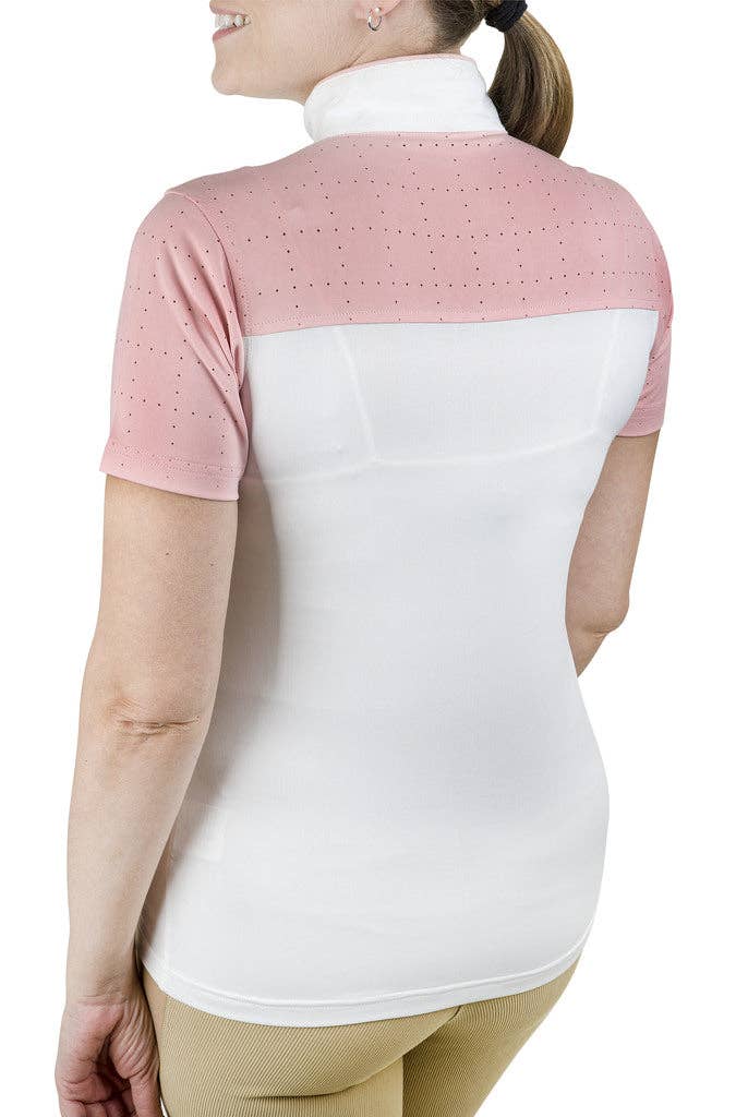 Equine Couture Ladies Magda Equicool Short Sleeve Show Shirt: White/EC Navy / M