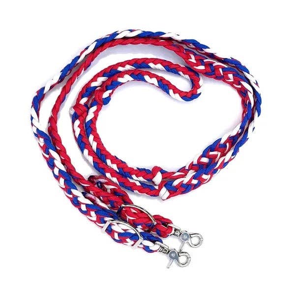 Braided Barrel / Roping Reins 8 ft with 2 Nickel Plated Scissor Snaps Multi Tone Colors: Black/Purple/Turquoise #55039