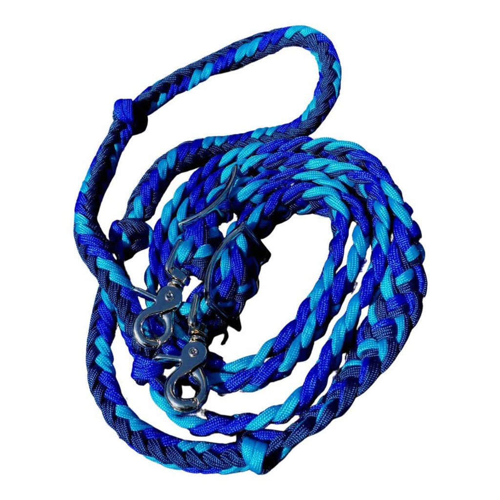 Braided Barrel / Roping Reins 8 ft with 2 Nickel Plated Scissor Snaps Multi Tone Colors: Black/Purple/Turquoise #55039
