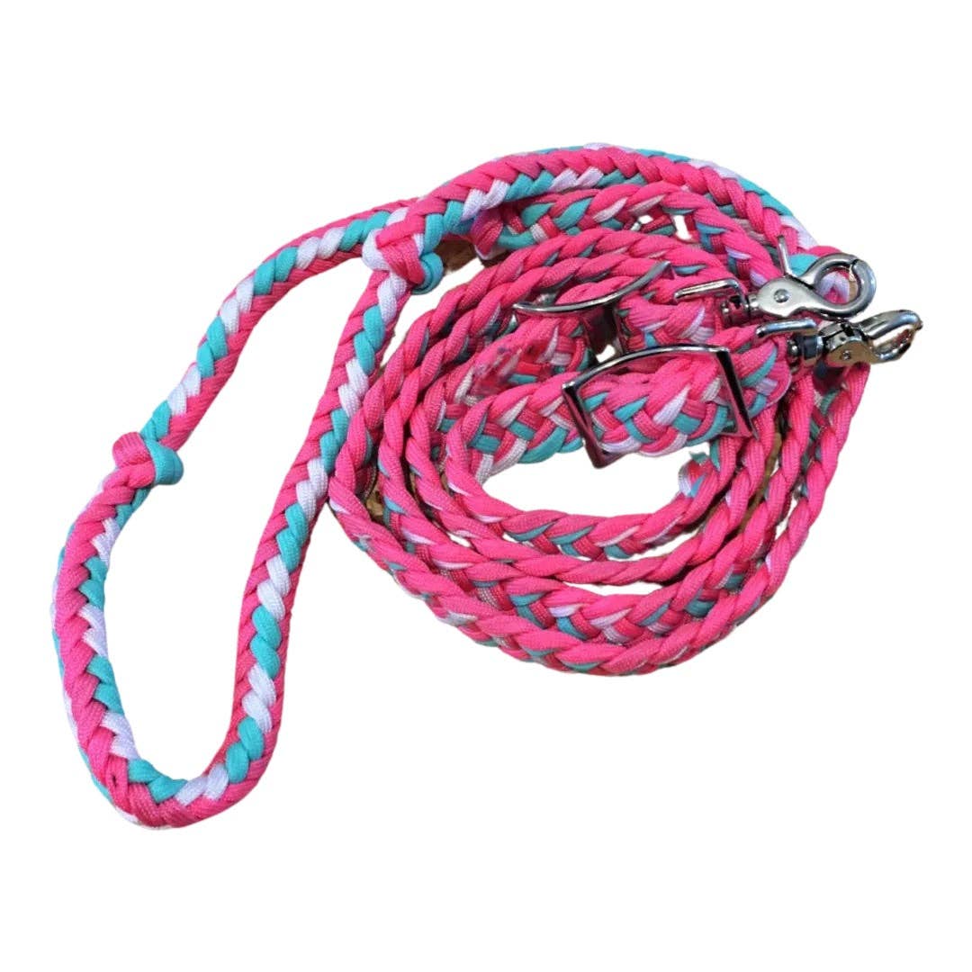 Braided Barrel / Roping Reins 8 ft with 2 Nickel Plated Scissor Snaps Multi Tone Colors: Black/Purple/Turquoise #55039