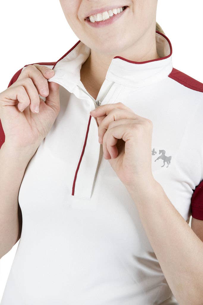 Equine Couture Ladies Magda Equicool Short Sleeve Show Shirt: White/EC Navy / M
