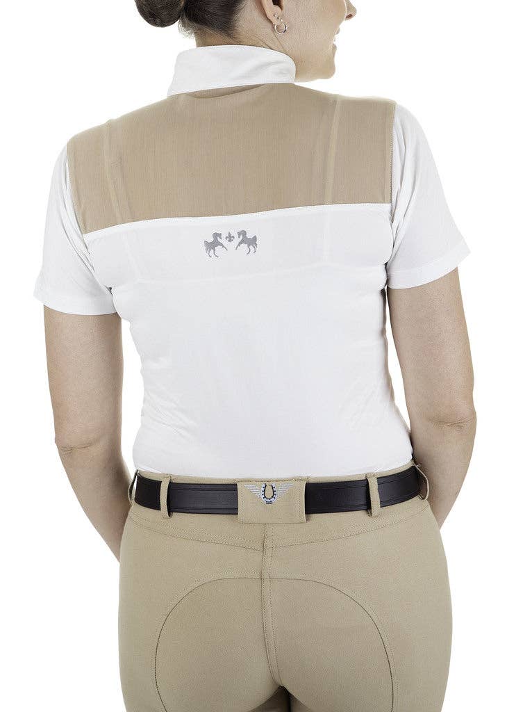 Equine Couture Ladies Nicolette Equicool Short Sleeve Show Shirt: White/Safari / XL