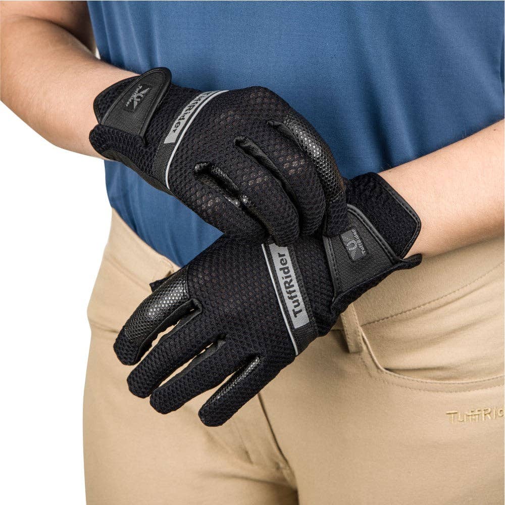 TuffRider Ladies Cool Rider Mesh Summer Riding Gloves: Black / X-Large
