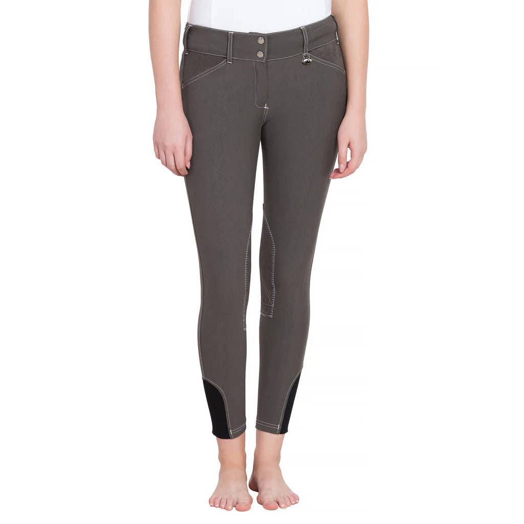 Equine Couture Ladies Sportif Natasha Knee Patch Breeches: Charcoal/White Stitching / 24
