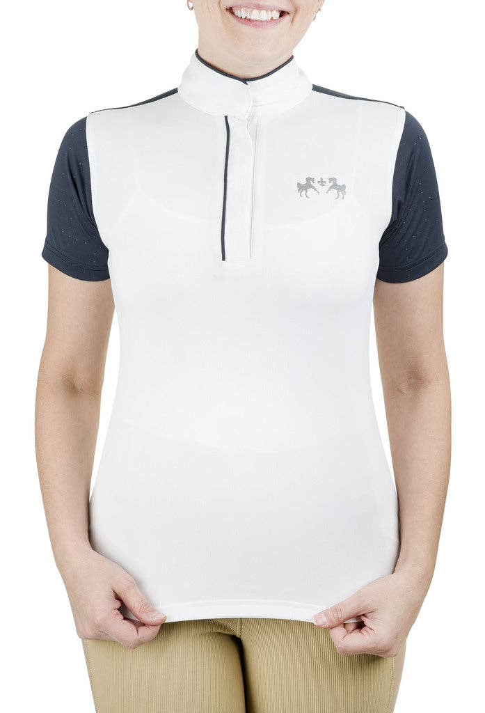 Equine Couture Ladies Magda Equicool Short Sleeve Show Shirt: White/EC Navy / M