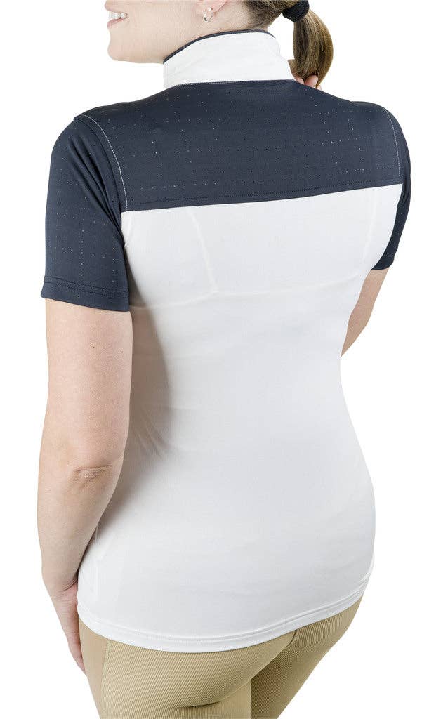 Equine Couture Ladies Magda Equicool Short Sleeve Show Shirt: White/EC Navy / M