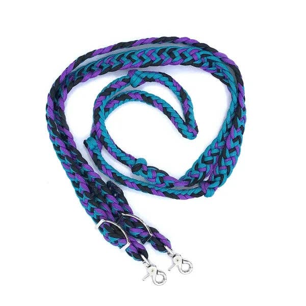 Braided Barrel / Roping Reins 8 ft with 2 Nickel Plated Scissor Snaps Multi Tone Colors: Sky Blue/Hot Pink/Purple #55041