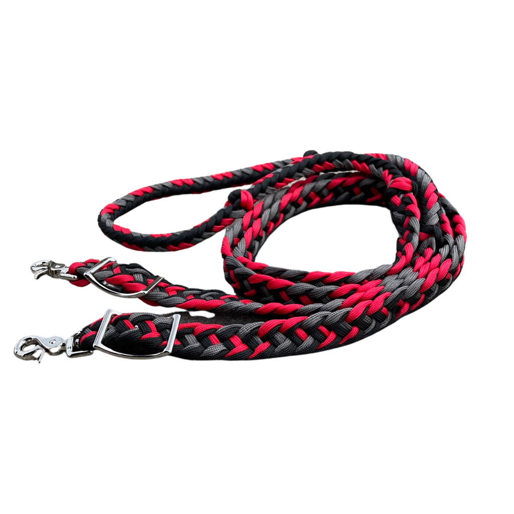Braided Barrel / Roping Reins 8 ft with 2 Nickel Plated Scissor Snaps Multi Tone Colors: Black/Purple/Turquoise #55039