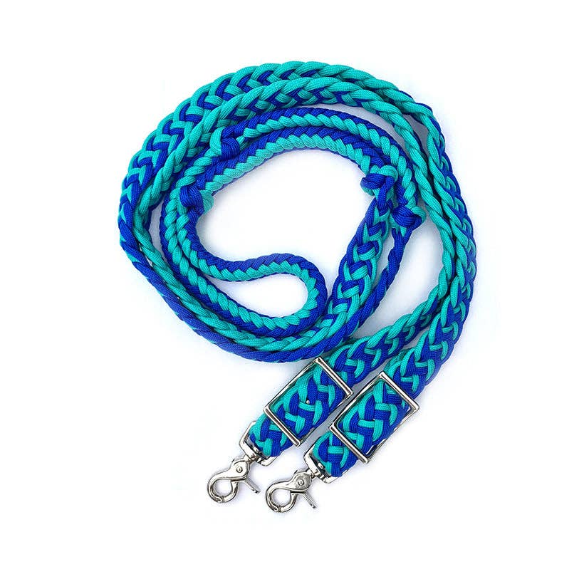 Braided Barrel / Roping Reins 8 ft with 2 Nickel Plated Scissor Snaps 2 Tone Colors: Turquoise/Blue #55009