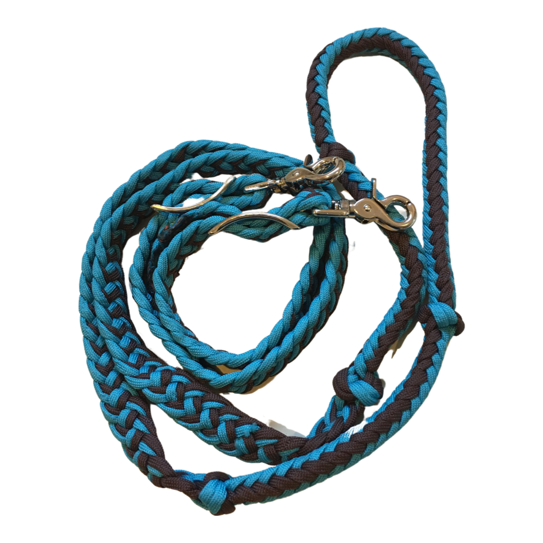 Braided Barrel / Roping Reins 8 ft with 2 Nickel Plated Scissor Snaps 2 Tone Colors: Turquoise/Blue #55009