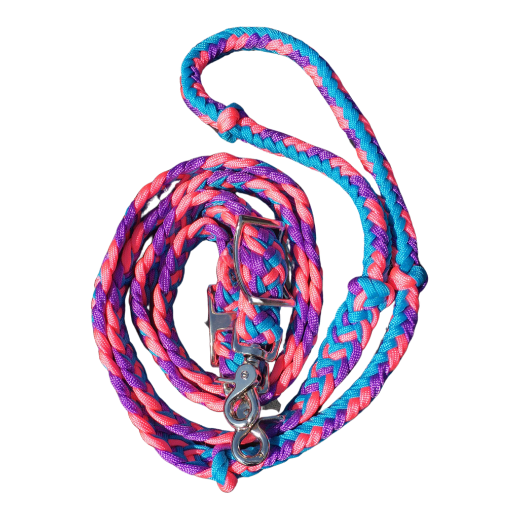 Braided Barrel / Roping Reins 8 ft with 2 Nickel Plated Scissor Snaps Multi Tone Colors: Black/Purple/Turquoise #55039