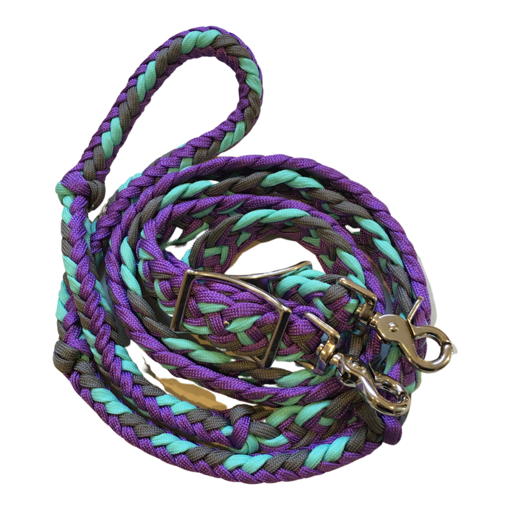 Braided Barrel / Roping Reins 8 ft with 2 Nickel Plated Scissor Snaps Multi Tone Colors: Palm/Gold Yellow/Sky Blue #55043