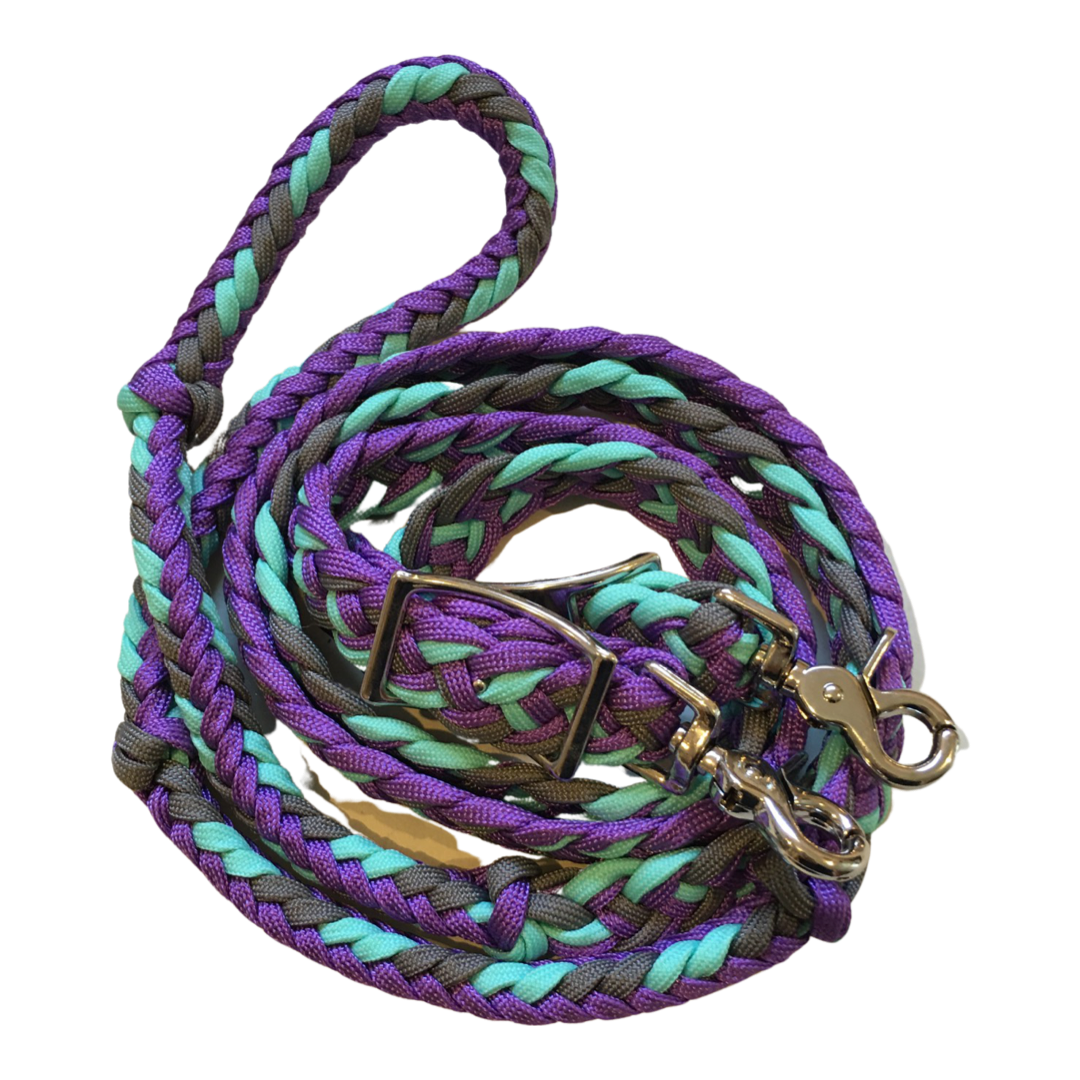 Braided Barrel / Roping Reins 8 ft with 2 Nickel Plated Scissor Snaps Multi Tone Colors: Palm/Gold Yellow/Sky Blue #55043