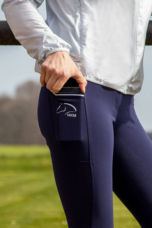 HKM Comfort- Style Silicone Full Seat Riding Breeches: Deep Blue / 14-15