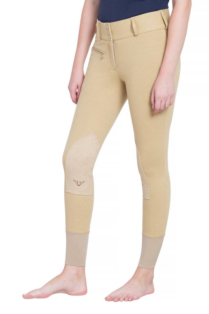 TuffRider Ladies Cotton Wide Waistband Knee Patch Breeches: Light Tan / 24