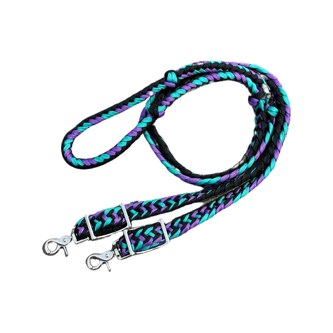 Braided Barrel / Roping Reins 8 ft with 2 Nickel Plated Scissor Snaps Multi Tone Colors: Black/Purple/Turquoise #55039