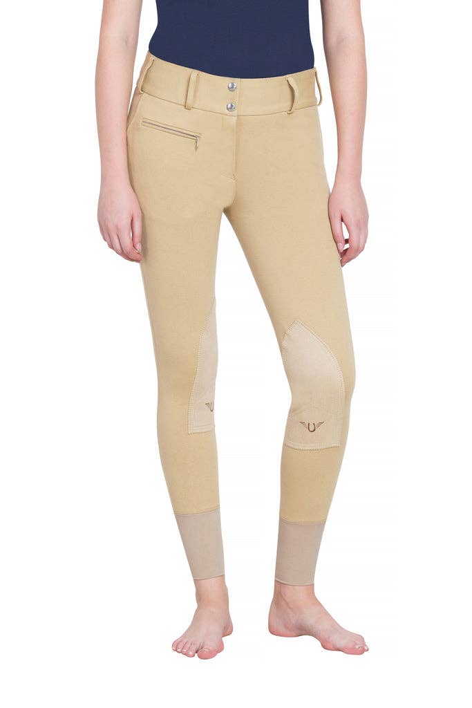 TuffRider Ladies Cotton Wide Waistband Knee Patch Breeches: Light Tan / 24