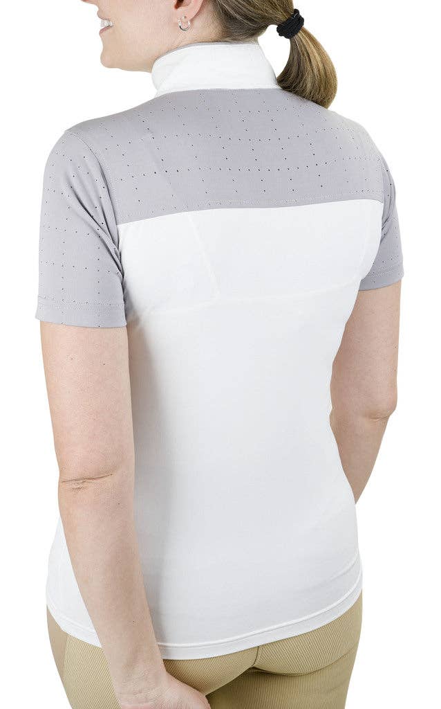 Equine Couture Ladies Magda Equicool Short Sleeve Show Shirt: White/EC Navy / M